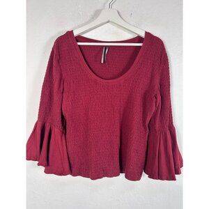 Anthropologie Womens Smocked Bell Sleeve Top Shirt Blouse Large Red Scoop Neck